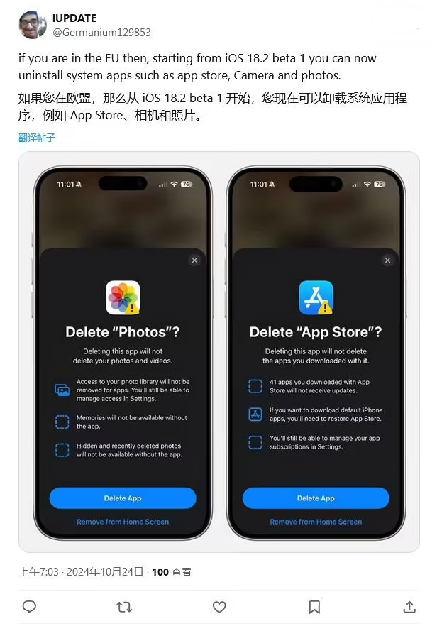 怒江苹果手机维修分享iOS 18.2 支持删除 App Store 应用商店 