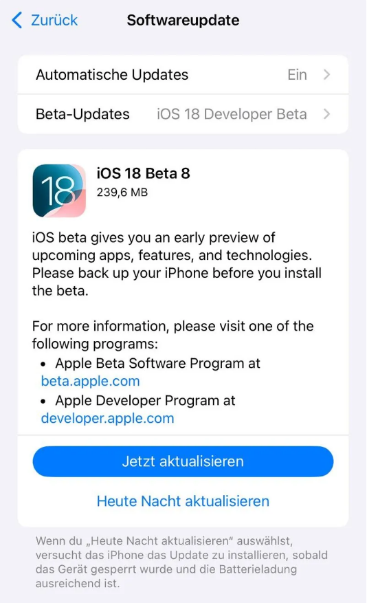 怒江苹果手机维修分享苹果 iOS / iPadOS 18 开发者预览版 Beta 8 发布 